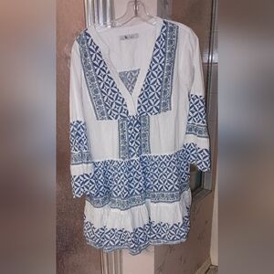 Bindu Cotton Blue and White Geometric Mini Dress Anthropolgie